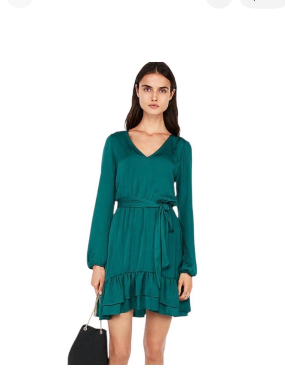 Express Teal Ruffle-Hem Long Sleeve Tie-Waist Dress
